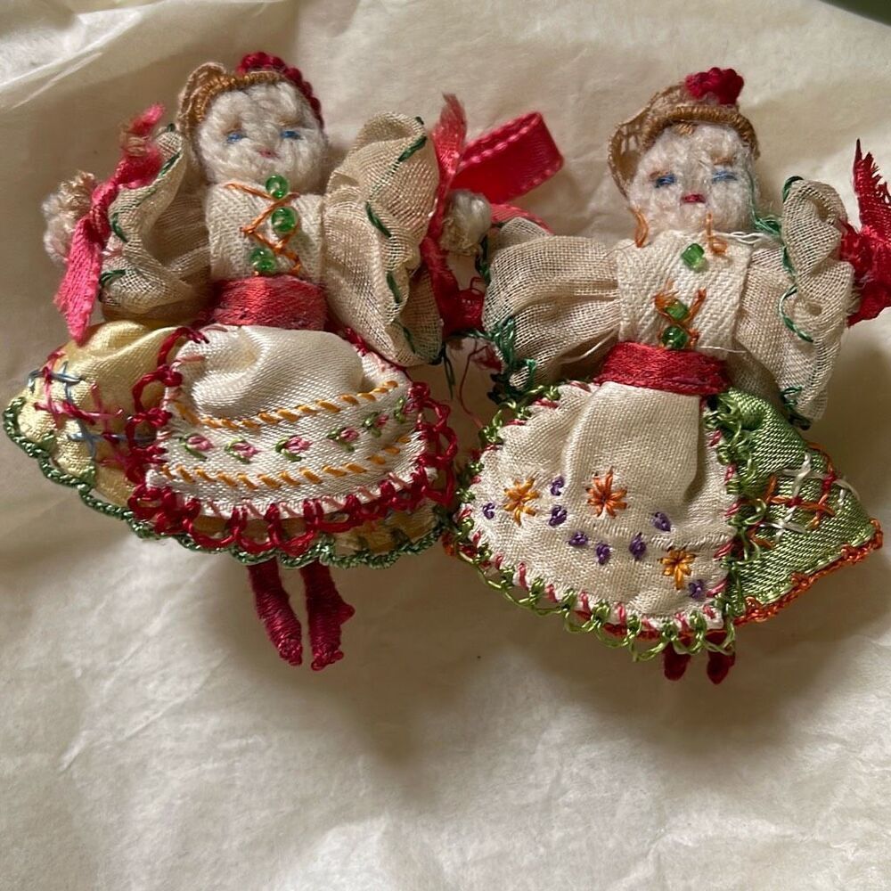 Vintage handmade Hungarian dolls beaded embroidered 2” in original costumes .